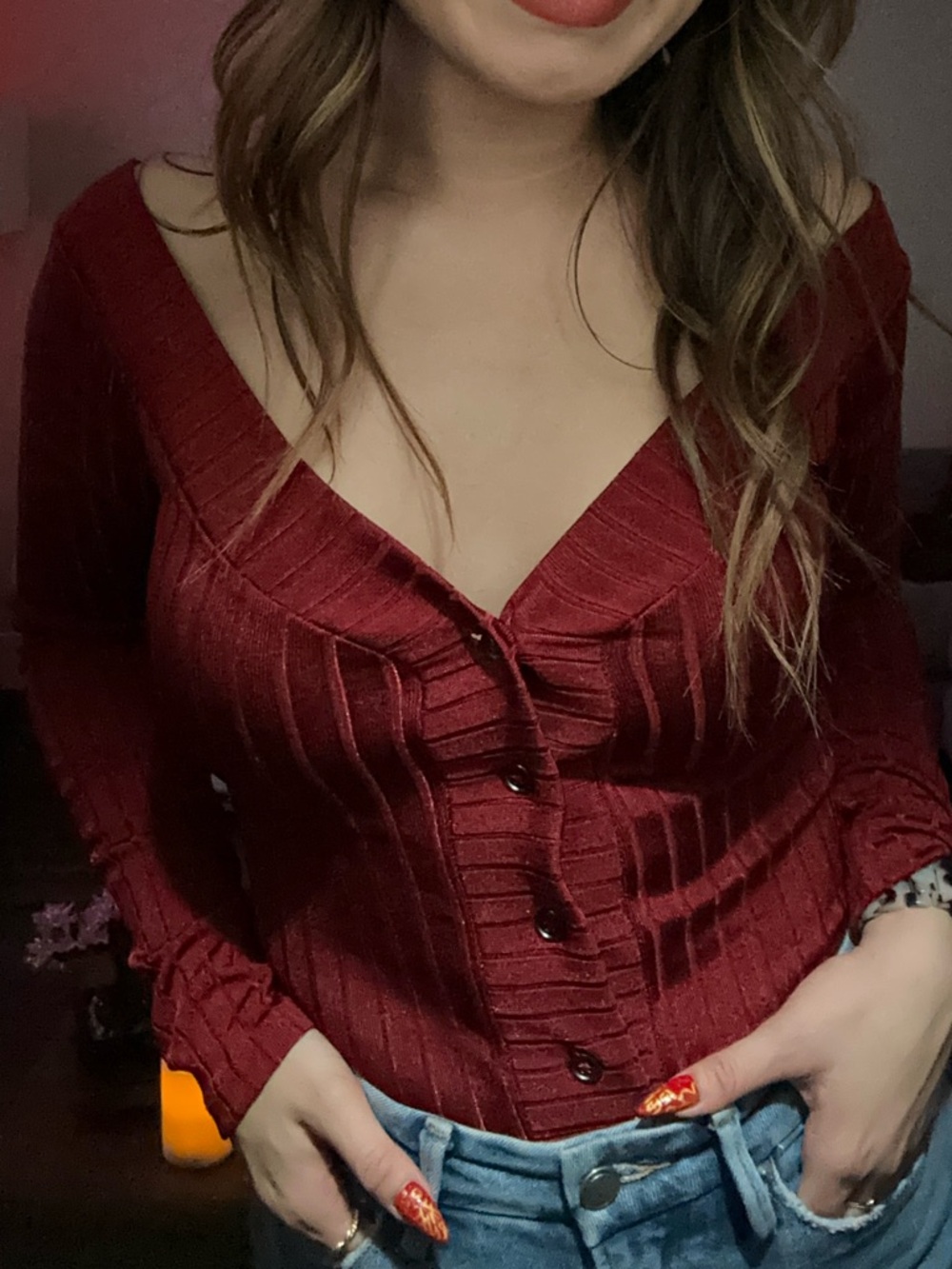 Ribbed Deep V Bodysuit in Burgundy Red